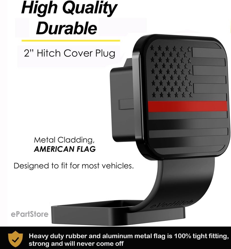eVerHITCH 2 Inch Universal Flag Tow Hitch Covers, American Flag Trailer Hitch Cover Tube Plug Insert, Car Exterior Accessories, Receiver Tube Hitch Plug (Black with Red Line, Fits 2" Receiver) - Image 2